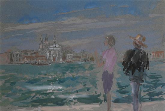 John Linfield, RWS, NEAC (b.1930), watercolour and pencil, Two girls and the Gesuati, Venice, signed, 26 x 37cm